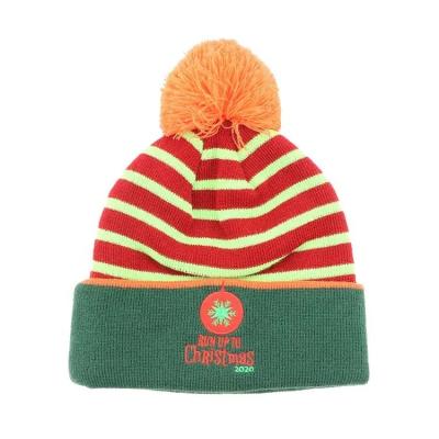 China Acrylic Knit Hats Cuffed Bobble Beanie Cap Adults Badge Stripe Elegant Winter Hats for sale