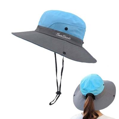 China Women's Outdoor Ponytail Safari Sun Hat Foldable Mesh Wide Brim Bucket Hat With String for sale