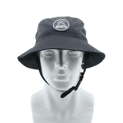 China Printed Custom Rubber Patch Logo Men Surfing Hat Sun Bucket Hat with Adjustable Chin Strap for sale