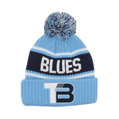 China OEM Winter Knitted Bobble Hats with Embossed Custom Logo Soccer Winter Hats in Image Style for sale