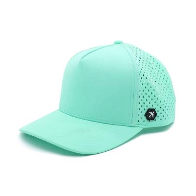 China Blue Curved Brim Hat with Custom Rubber Patch Logo and Waterproof Laser Cut Design for sale