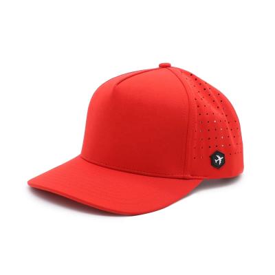 China 5 Panel Rubber Patch Logo Unisex Waterproof Laser Cut Hole Perforated Red BASEBALL CAP for sale