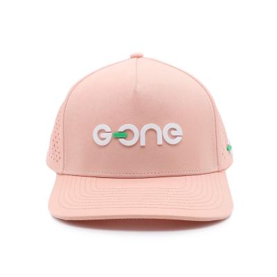 China Custom Women Pink 5 Panel Rubber PVC Logo Waterproof Laser Cut Hole Perforated Hat Curved Brim Baseball Hat for sale