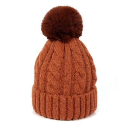 China 58cm Adjustable Rabbit Fur Pom Pom Hat Winter Warm Knitted Crocheted Bobble Hats Caps for sale