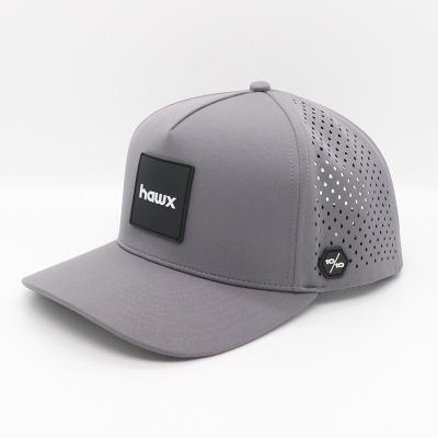 China 6-Panel Hat Style Custom 5 Panel Laser Cut Hole Snapback Cap Hat with Waterproof Rubber for sale