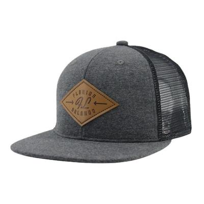 China Character Cute Heather Gray Mesh Trucker Baseball Cap With Leather Patch Design for sale