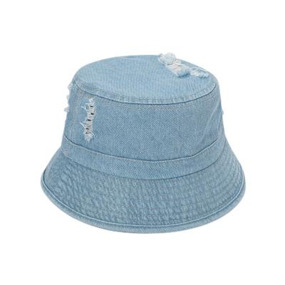 China Customized Logo Women's Vintage Cotton Polyester Distressed Denim Fishing Bucket Hat for sale