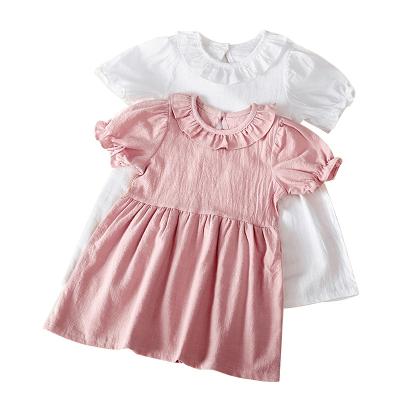 China new Anti-wrinkle girls lace up dress small fresh children's dress little collar color round cotton pure linen short sleeve dress for sale