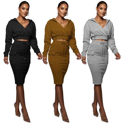 China New fashion anti-pilling v neck ladies casual skirt two piece skirt set 2 piece outfits winter hoodie top women for sale