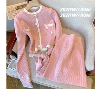 China 2021 New Pink Long Sleeve Hip Wrap Sweater Skirt High Quality Breathable Simple Knitting Women's Two-piece Set for sale