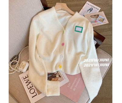 China Anti-wrinkle white v-neck knitted cardigan women's new autumn 2021 color button short sweater coat for sale