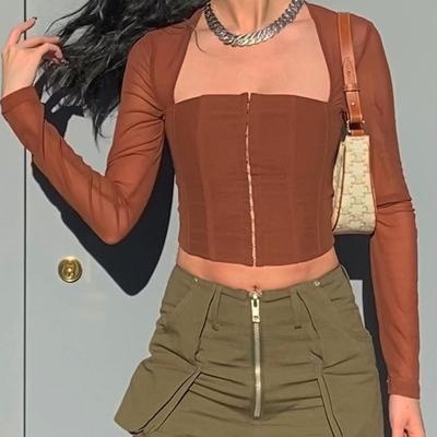 China Anti-pilling Square Neck Mesh Top Womens Perspective Breasted Long Sleeve T-Shirt for sale