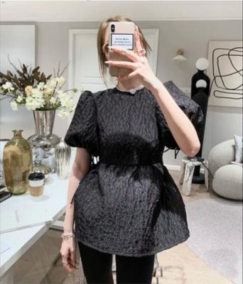 China Anti-wrinkle Black Jacquard Shirt Women's Fashion High Quality Waist Closing Slim Top for sale