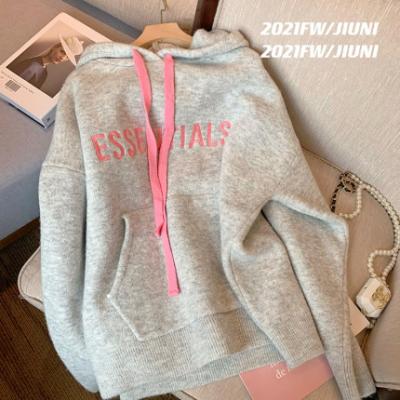 China Gray Hooded Sweater anti-shrinkage 2021 autumn new winter letter pullover sweater sweater women lazy sweet embroidered women for sale