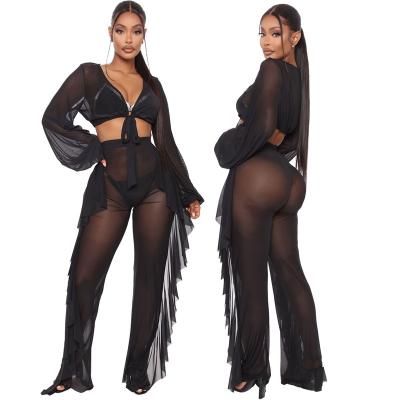 China 2021 Fashionable Breathable Sexy Swimwear Beach Summer Two Piece See Through Gauze Wide Leg Trousers With Ruffle Set for sale