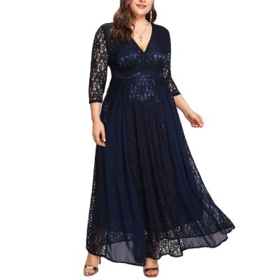 China Hot Selling Anti-wrinkle V-neckline Plus Size High Waist Lace Overlay Wrap Dress Dress Dress for sale