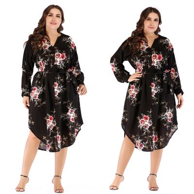 China Anti-Static Plus Size Women Casual Dress Chiffon Printing Dress Custom Loose Belt Shirt Dress for sale