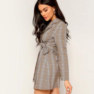 China Office Lady Anti Static Long Sleeve Plaid Belted Blazer Jacket Dress Design for sale