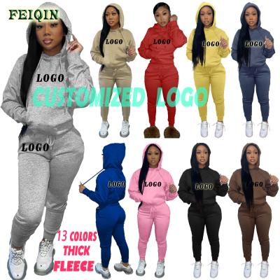 China CUSTOMIZED QUICK DRY LOGO Thick And Fleece Fall Winter Sweatpants 2 Piece Suit Set Women's Hoodie Joggers Long Pants Two Piece Set for sale