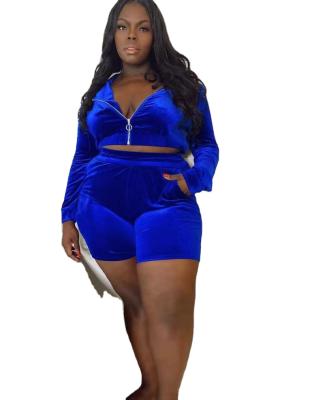 China 2021 New Big Size Women's Plus Size Plus Size Bright Blue Zip-Up Short Suit WITH Hoods Two Piece Set for sale