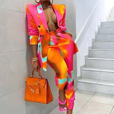 China Anti-wrinkle women suits formal office tie dye printed autumn women 2 piece sets blazer and pant set for sale