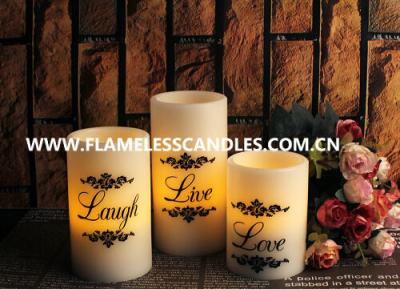 China Home Decoration Round Flameless LED Pillar Candles With Real Wax and Black Printing for sale