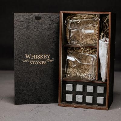 China Handmade whiskey glasses set cool unique whiskey stones set with 2 bourbon whiskey glass wooden box for sale