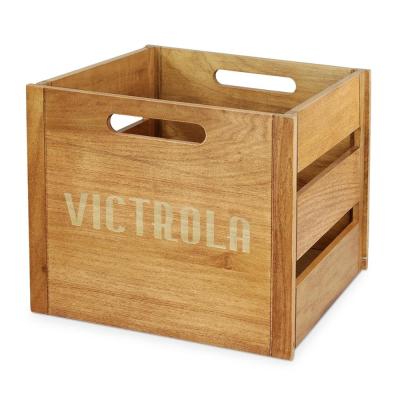 China JUNJI Wood Box Natural Brown-Victrola Sustainable Wooden Record Crate Wooden Storage Box for sale