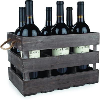 China Rustic Wooden Farmhouse Wine Rack Wooden Wine Crate 6 Bottle Wooden Wine Box for sale