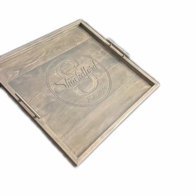 China Easy to Clean Handmade Rustic Wooden Serving Tray with Handles Oversized Wooden Ottoman Tray Engraved Wood Tray for sale