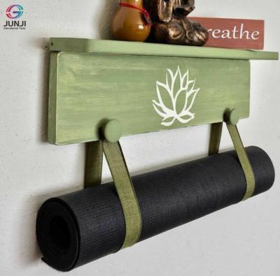 China Modern Rustic JUNJI Yoga Mat Holder Wall Shelf Yoga Mat Storage Solid Wood Rack With Customizable Logo for sale