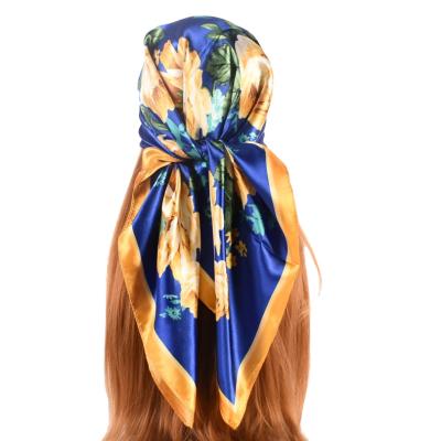 China Autumn And Winter New Korean version flower simulation flower square silk satin 90cm square wholesale fashion scarf silk scarf female for sale