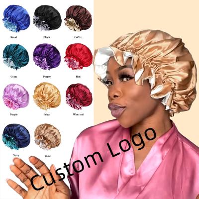 China Wholesale Fashion Personalized LOGO Custom Silk Real Hair Sleep Cap Double Layer Satin Designer Colorful Hair Hood for sale