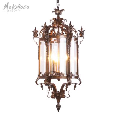 China American Retro Industrial Bronze Hexagonal Glass Roman Gothic Courtyard Chandelier Lamp Ceiling Color Cage Pendant Light for sale