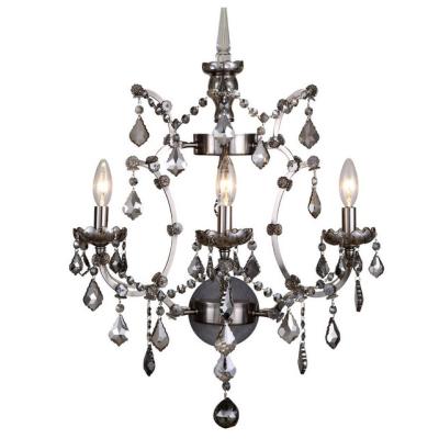 China 19th C. ROCOCO IRON 3 Traditional Wall Lamp Light Smoke Gray Crystal Candles for sale