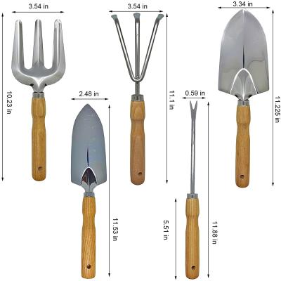 China Eco-friendly gardening hand tools with stainless steel and wooden handle, includes trowel, trowel, weeder, hand fork, rake for sale