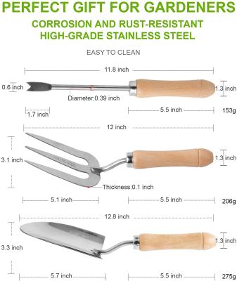 China Eco-friendly Wooden Handle, Garden Gifts 3-Piece Garden Tool Kit of Fork & Trowel & Weeder, Heavy Duty Stainless Steel Gardening Tools for sale