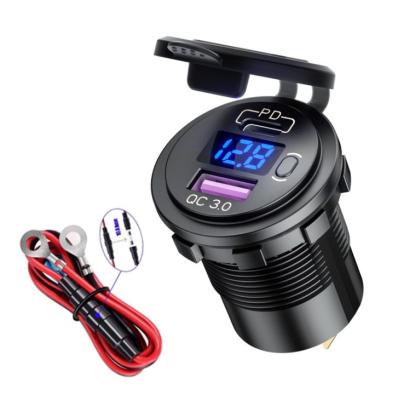 China New China-chic 48W 12V Dual USB Type-C PD3.0 Outlet and QC3.0 USB Outlet with LED Voltmeter and On/Off Switch Quick Car Charger Socket for sale