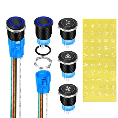 China Latching Waterproof IP65 Latching Push Button Switch 12V 19mm ON Metal Black Blue 12 Volt Led Light Illuminated Push Button Switch for sale