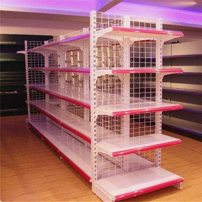 China Grocery Shelves Wire Gondola Double Sided Back Net Shelf Racks for sale