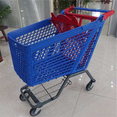 China Folding Durable Plastic Supermarket Shopping Cart Trolley With Metal Base for sale