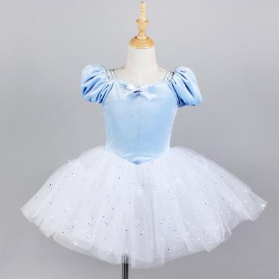 China Blue Little Girl Lyrical Dance Dresses Velvet Ballet Dress Use Soft Shiny Sequin Mesh Stage Performance Dance Costume for sale