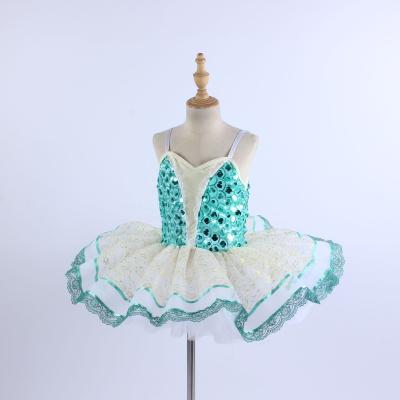 China Blue Green Lyrical Dance Wear Gold Lace Stage Performance Dance Costume Little Girl Ballet Dress Sequin Ballet Dress for sale