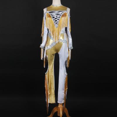 China Shiny Unitard gold leotard sequin latin and silver foil dance wear tassel sequin long pants stage performance jazz wear for sale