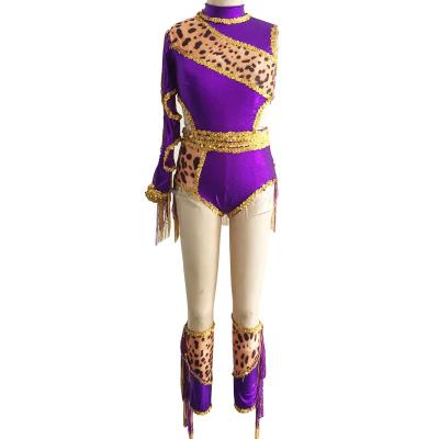 China Purple Dance Dresses Foil Leopard Print Leotard Leotard Jazz Sequin Dance Costume Dance Use Crazy Primitive Stage Performance Costume for sale