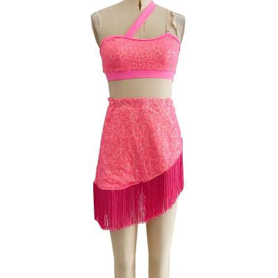 China Pink Tassel Dance Costume Sequin Dance Dresses Adult Child Shiny Leotard Latin Jazz Dance Stage Performance Wear for sale