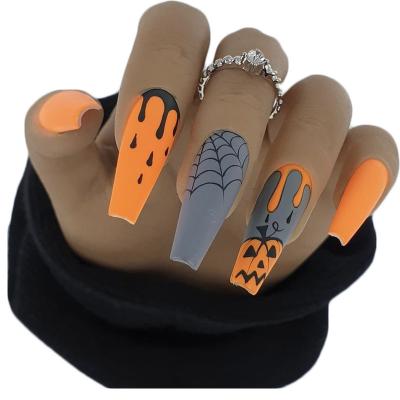 China Wholesale Eco-friendly Meaterial Halloween Fake Nail Designs Long Artificial Nails Press On Nails Coffin Halloween Matte Nails for sale