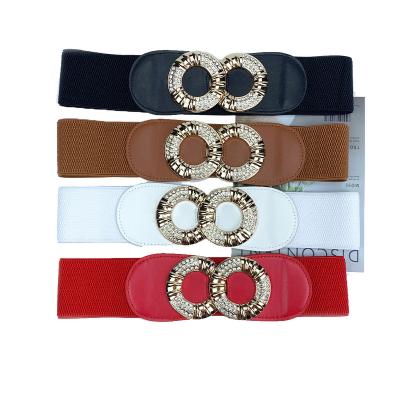 China Diamond Double Circle Metal Buckle Luxury Adjustable Fashion Leisure Temperament Elastic Belt For Women for sale