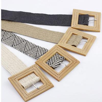 China High Quality Square Multicolor Plastic Buckle Retro Leisure Personality Women Designer Elastic Waist Woven Belt for sale