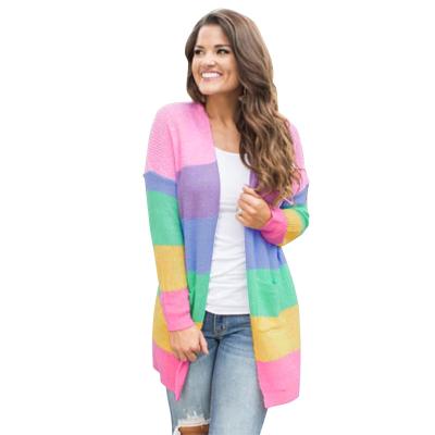 China Anti-wrinkle Amazon rainbow contrast color striped knit sweater long sleeve cardigan sweater coat in stock for sale